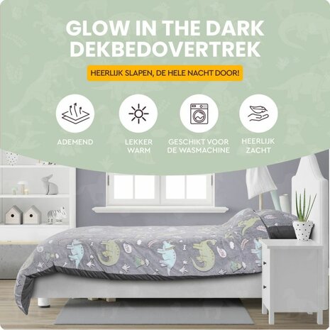 Dekbedovertrek Glow in the dark Dinosaurs Grijs
